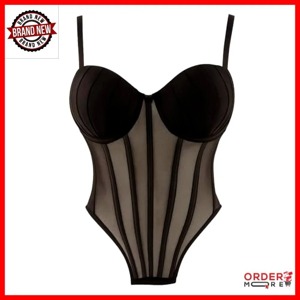 Sheer Mesh Corset Top with Pleated Cups Underwire Bustier Adjustable Straps - Picture 2 of 7